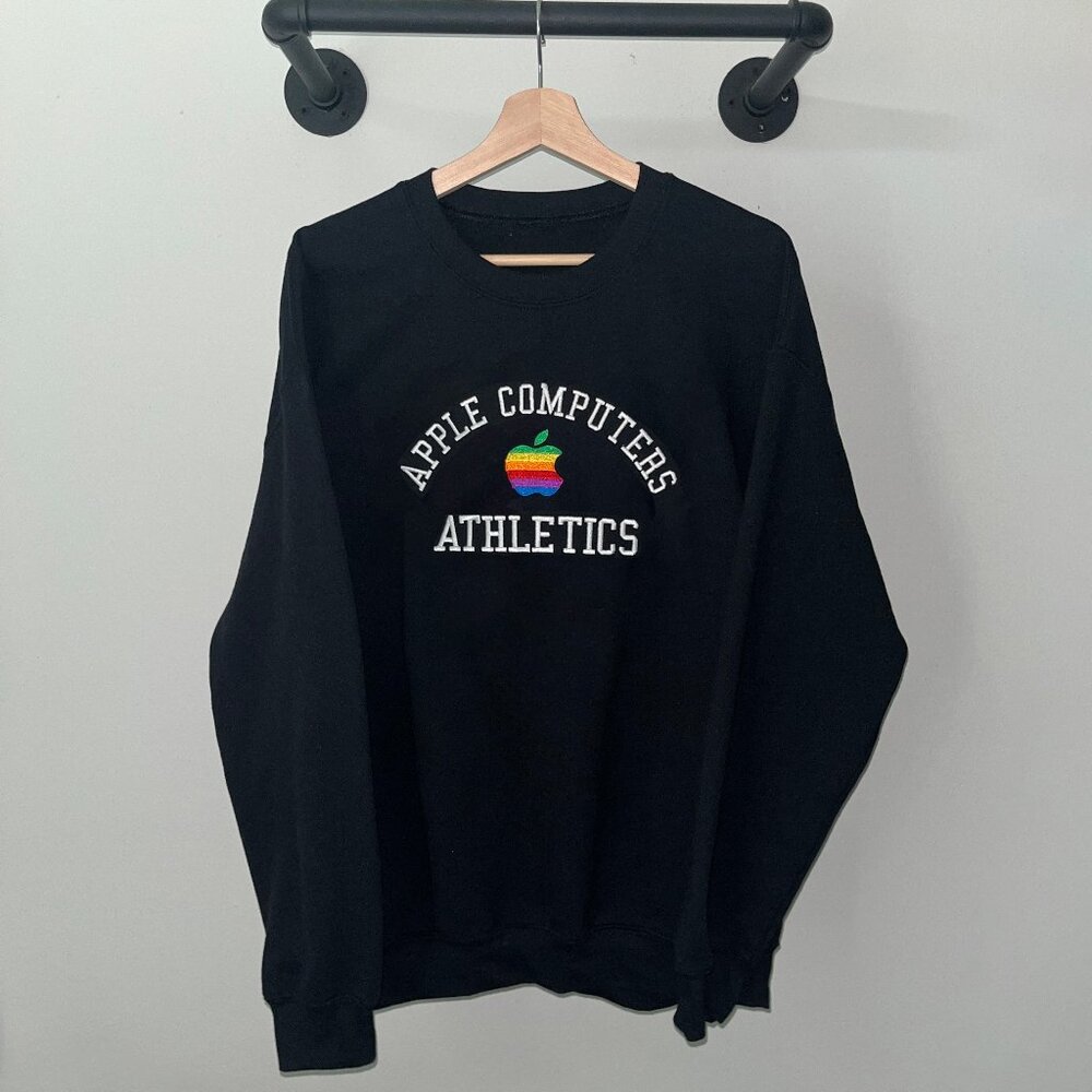 Black Apple Computer Athletics College Curve 80s Logo Crewneck Sweatshirt
